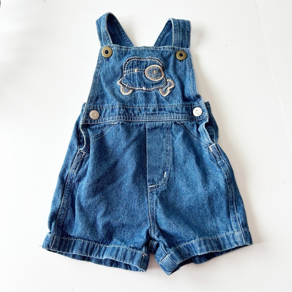 Vintage Soft Denim Blue Kids Overall Shorts with Embroidered Fish 6/9 Months